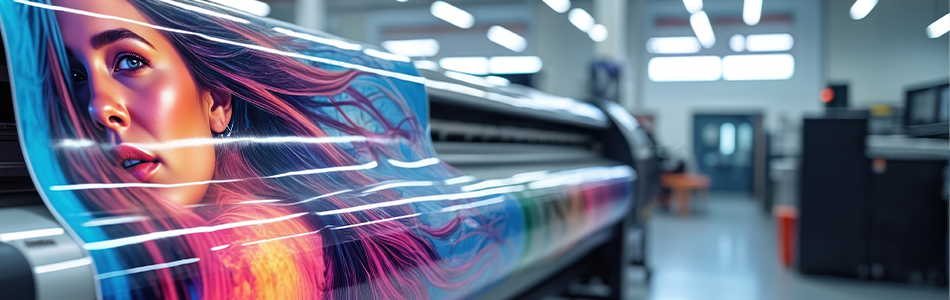 Máquina de impresión de gran formato imprimiendo arte gráfico