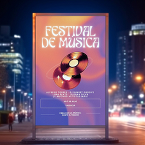 1 cartel de festival de música personalizado en marquesina iluminada de noche